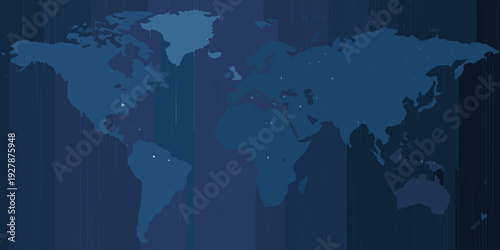 A stylized dark blue world map with subtle lighting effects