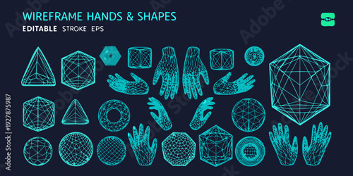 Geometric shapes and hands illustrated as blue wireframe vector designs