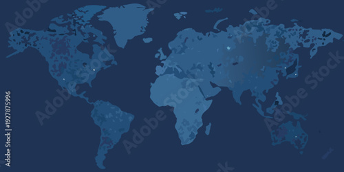 A stylized world map illustration in shades of blue and teal