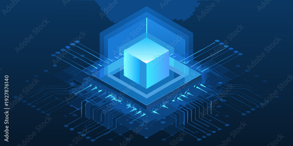 Fototapeta premium Abstract glowing crystal structure with integrated circuit board design