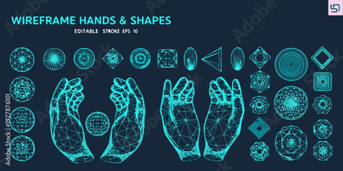 Wireframe hands and geometric shapes collection in a teal color scheme