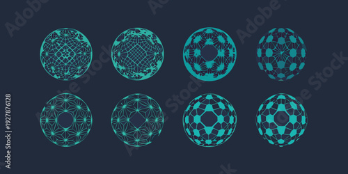 Abstract teal egg shapes with intricate geometric line patterns displayed