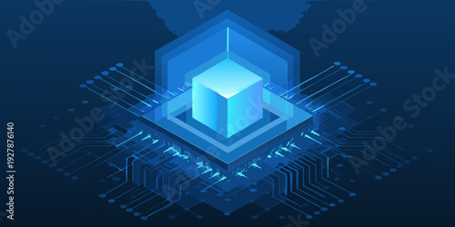 Abstract glowing crystal structure with integrated circuit board design