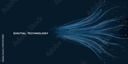Abstract digital technology background with flowing lines and glowing particles