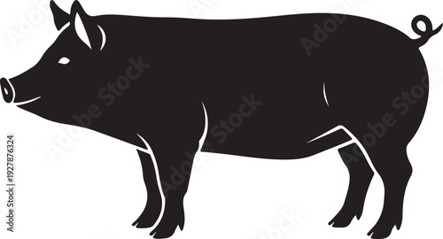 Black silhouette of a pig standing, isolated on white background, simple vector style