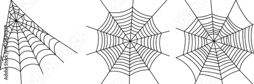 Black spider web illustration collection featuring detailed radial and corner cobweb designs isolated on light background for Halloween decoration and spooky graphic design use