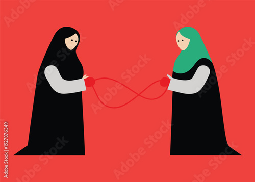 Two women in traditional abayas and hijabs collaborate, holding a red infinity symbol rope.