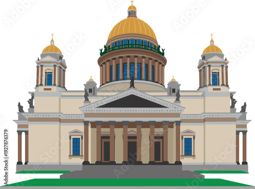 Vector illustration of Saint Isaacs Cathedral in Saint Petersburg Russia featuring golden domes neoclassical architecture landmark exterior design and historic Russian Orthodox church building 