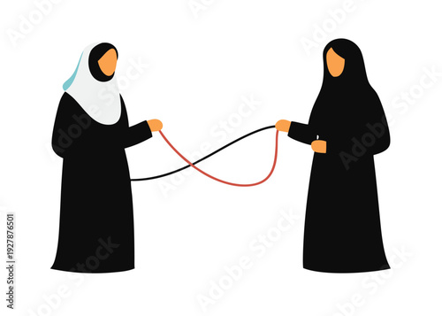 Two women in traditional abayas and hijabs collaborate, working to untangle a red and black rope.