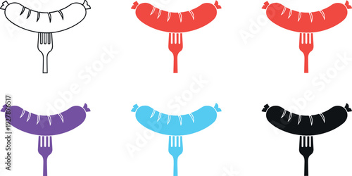 Sausage on Fork Flat Icon Set in Multiple Colors for Food, BBQ, Restaurant, Fast Food, and Culinary Design Projects