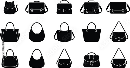 Handbag and backpack silhouettes collection isolated on white background, black vector illustration set of fashion purses, shoulder bags and satchels