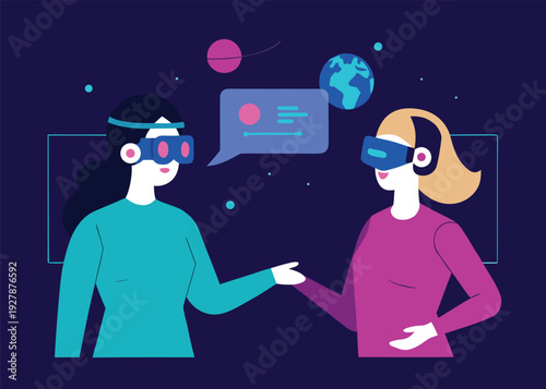 Two women wearing virtual reality headsets interact in a digital space with speech bubbles, planets, and a globe.