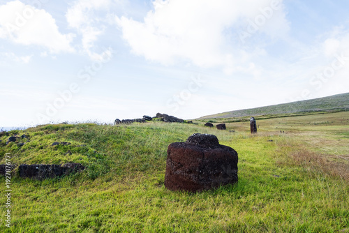 Afu-Vinapu's Pukao, with a female moai behind it and Site No. 2, Easter Island, November 2025