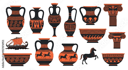 Ancient Greek pottery and artifacts collection, featuring red and black designs, vases, and mythological motifs on a white background.