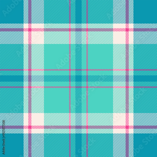 Scotland vector check plaid, valentine tartan background fabric. Gingham textile seamless pattern texture in teal and cyan colors.
