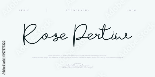 Rose Pertine, Script Font Uppercase Lowercase and Number. Classic Lettering Minimal Fashion Designs. Typography modern Serif fonts regular decorative vintage concept.
