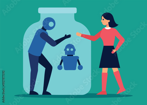 A woman communicates with a robot confined within a glass jar, alongside a smaller robot figure.