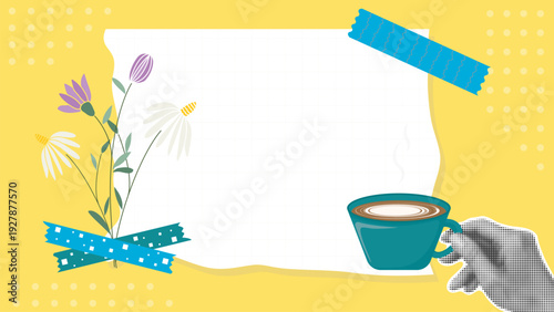 Halftone collage with good morning theme. Hand holds cup of coffee. Torn sheet of paper for text, decorated with flowers and washi tape. Template for banner or poster. Vector graphics