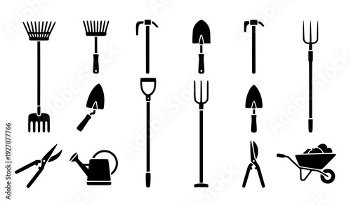 Gardening Tools Icon Set Shovel Rake Hoe Trowel Flat Vector Collection Transparent Background