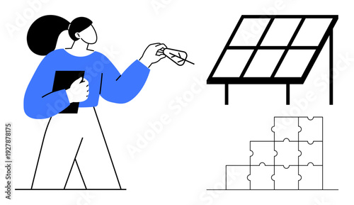 Sustainable energy concept. A person holds a leaf near a solar panel, promoting renewable energy. Sustainable energy encourages eco-conscious living, environmental innovation, and green technology