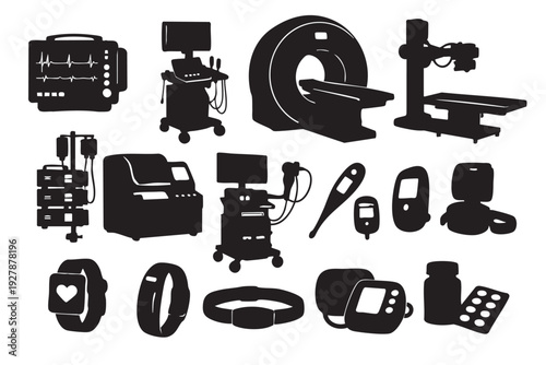 Medical Imaging and Healthcare Equipment Black Silhouette Set