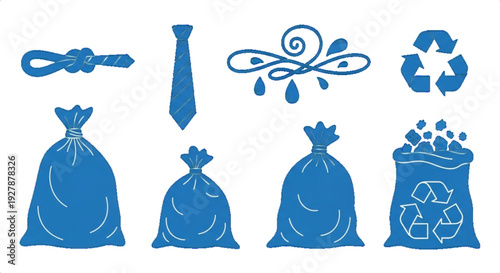 Eco-friendly waste management concept with recycling symbols and trash bags in a minimalist blue illustration.