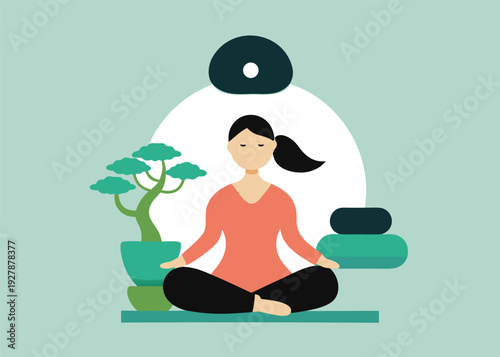 A woman meditates in a cross-legged position, surrounded by a bonsai tree, meditation cushions, and a floating disc.