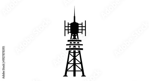 Telecommunications tower silhouette against a white background.