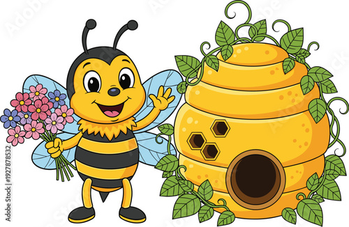 Cute cartoon honey bee character holding a bouquet of flowers standing next to a beehive with green leaves