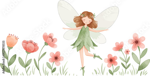 Whimsical watercolor illustration of a delicate fairy standing among vibrant pink flowers in a lush green dress and wings