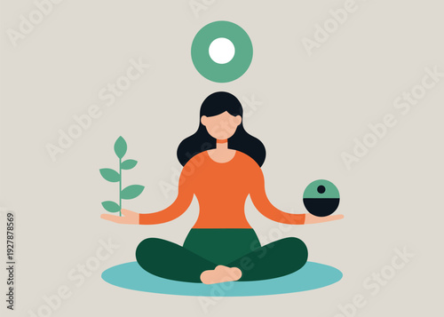 A woman meditates in a lotus position, balancing a small plant and a yin-yang sphere in her hands.