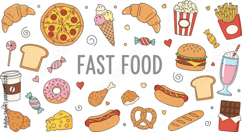 Fast food doodle vector set with pizza, burger, fries, hot dog, and snacks for restaurant menu and street food design