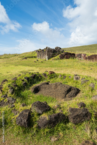 Ahu Vinapu Moai statue with only its face showing, with No. 2 ruins in the background, Easter Island, November 2025