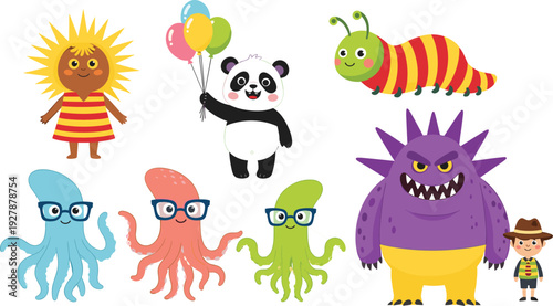 Collection of cute cartoon characters featuring a panda with balloons colorful octopuses a funny caterpillar and monster