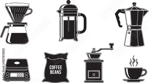 Coffee Brewing Equipment Icon Set – French Press, Moka Pot, Dripper, Grinder and Espresso Tools Black Silhouette Collection for Cafe Branding