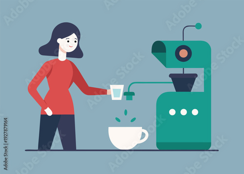 A woman watches an AI-powered coffee machine pouring liquid into a cup while holding an empty glass.