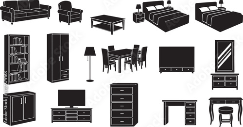 Silhouette Icons Set of Furniture for Home and Office Interiors: Sofa, Bed, Table, Wardrobe, Desk, Chairs, Lamps.