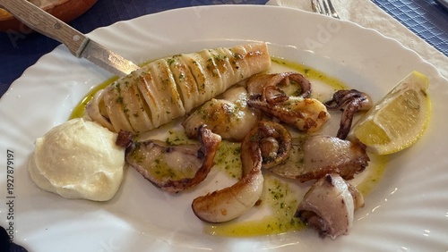 Grilled Octopus on a Plate: A beautifully presented plate features a grilled octopus with a succulent whole, along with other cooked octopus pieces.