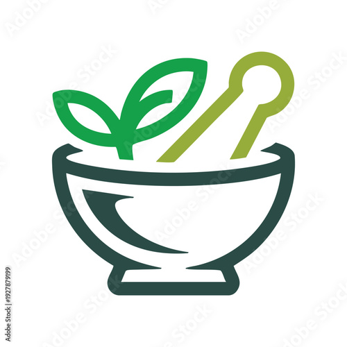 Traditional herbal medicine with mortar and pestle and plant sprout
