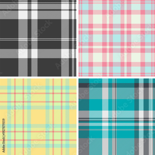 Festive plaid pattern pack tailored for New Year packaging. Coordinated tartan designs elevate boxes, tags, and gift items. Seamless vector repetition aligns perfectly.