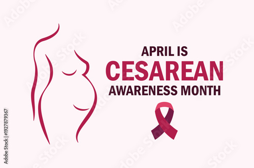 April is Cesarean Awareness Month poster vector illustration. Burgundy awareness ribbon and abstract female body outline icon. C-section symbol. Template for background, banner, card. Important day