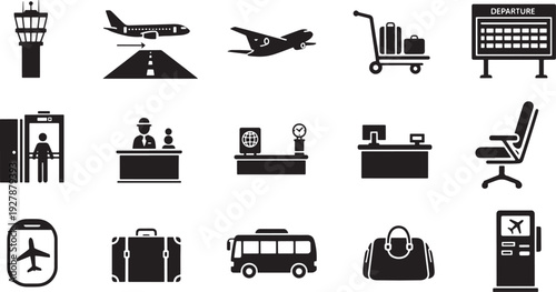 Airport Icons Set: Air Travel Transportation Symbols for Information and Navigation, Vector Graphics