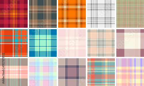 Seamless plaid pattern pack created for spring projects. This tartan vector set suits clothing, home decor, and DIY crafts. Perfect for seasonal designs.