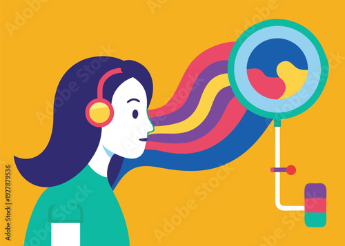 Woman in headphones looks at a magnifying glass inspecting colorful abstract wavy lines on a yellow background.