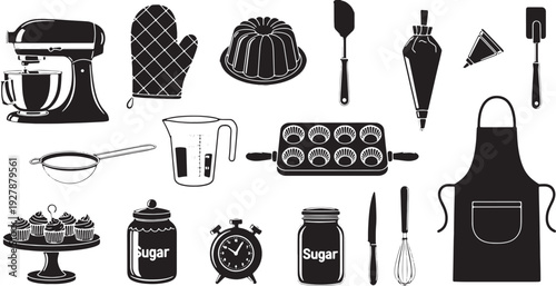 Baking and Cooking Tools Vector Icon Set: Kitchen Utensils, Mixer, Apron, Pastry Bag, Jars, Whisk - Silhouette Graphics.