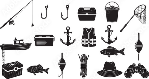 Fishing Gear Icons Collection: Rod, Reel, Tackle Box, Net, Lure, Boat, Anchor, Vest, Binoculars, Hat, Fish.