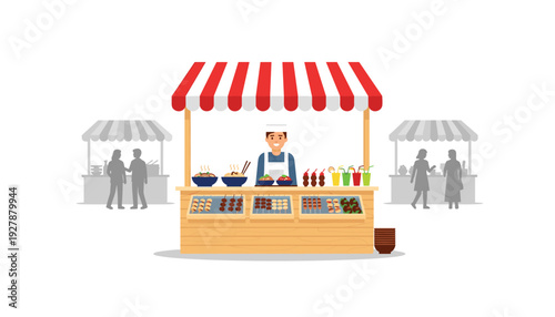 Happy chef serving delicious street food at outdoor market stall