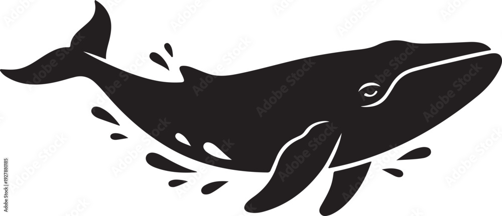 Obraz premium Black silhouette of a whale swimming, isolated on white background, clean vector style