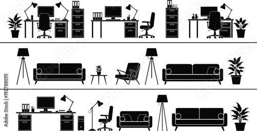 Modern office and living room interior silhouettes set isolated on white background, black vector illustration of workspace desks, sofas, lamps and plants