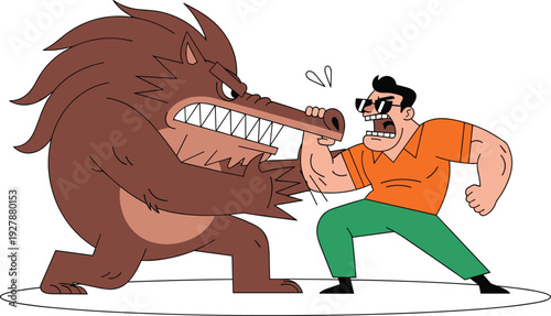 Funny cartoon illustration of strong man wrestling angry wild boar, humorous confrontation scene, vector character design isolated on white background clean